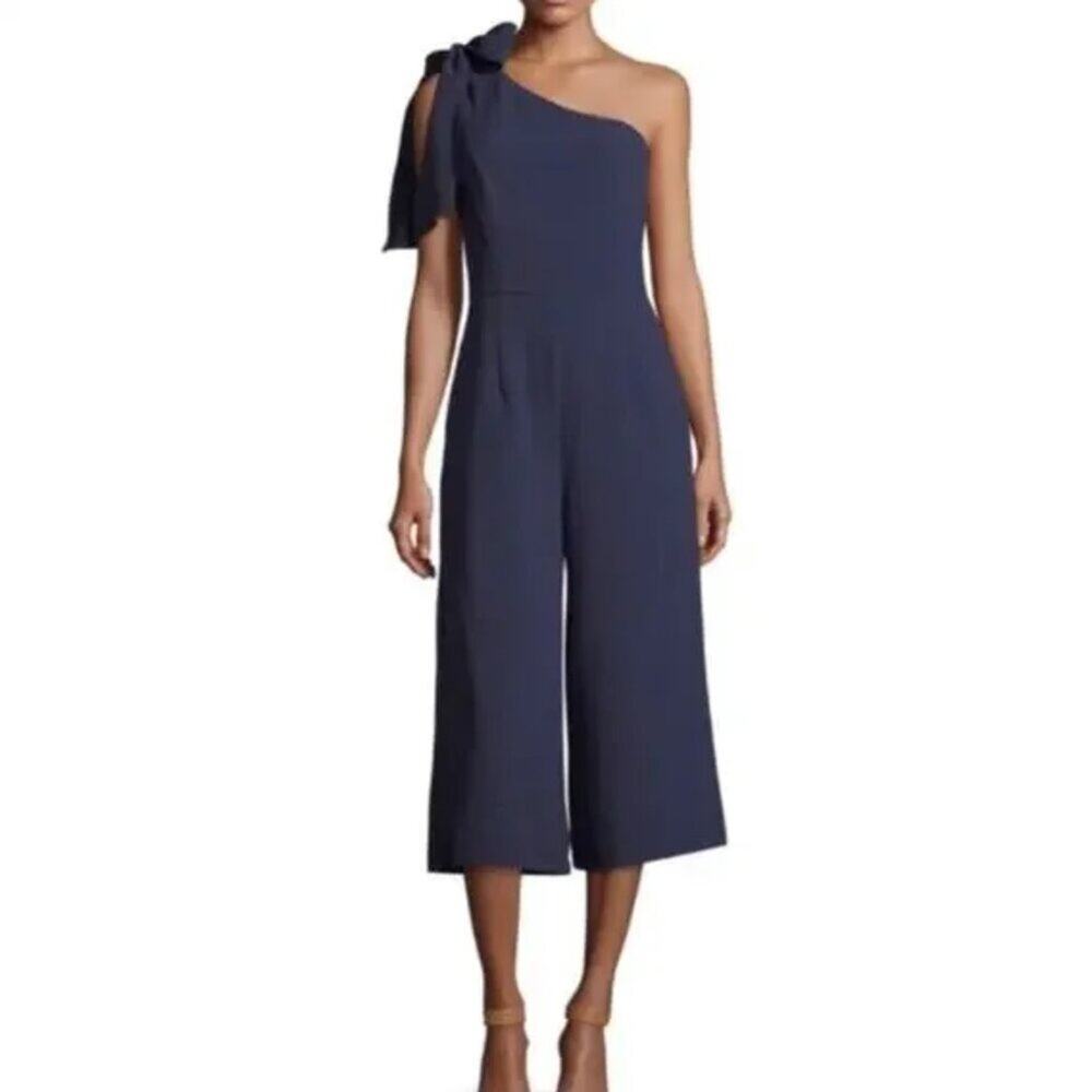 Julia Jordan Navy Blue One Shoulder Jumpsuit Crop Wide Leg